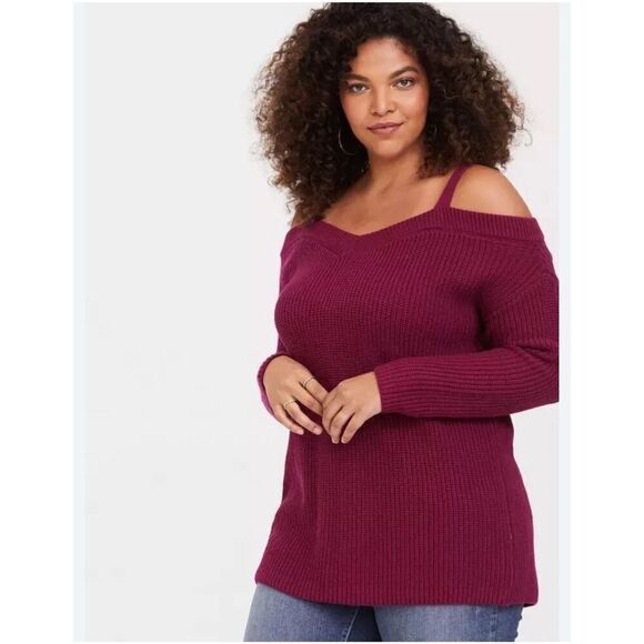 Torrid cold shoulder maroon red v neck pullover sweater sz 2 plus size - Picture 2 of 7